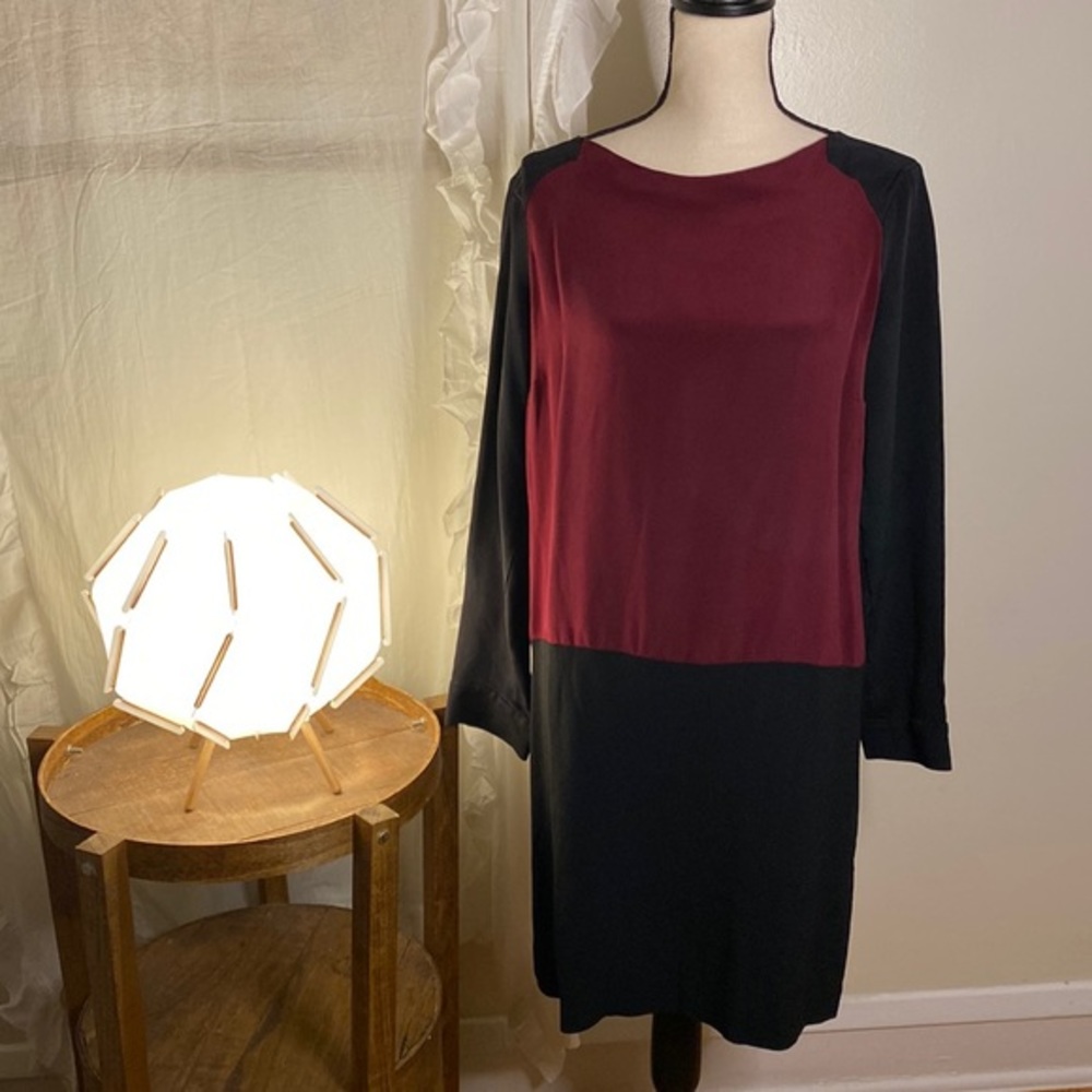 Derek Lam‎ Silk Black Maroon Color Block Drop Waist Long Sleeve Dress Size 12